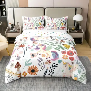 Einhorn 100% Baumwolle Bettbezug für Mädchen,Cartoon Magische Tier Tröster Abdeckung,Kinder Regenbogen Bettwäsche Set,Natürliche Botanische Pflanze Bettwäsche Abdeckung 155x220 für Schlafzimmer Dekor