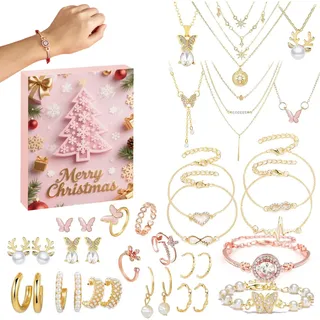 Schmuck-Adventskalender 2026, 24-Tage-Weihnachts-Countdown-Set | Beinhaltet Halskette, Ohrringe, Ring und Armband für Ehefrau, Mutter, Freundin oder Tochter und sorgt für tägliche Urlaubsüb