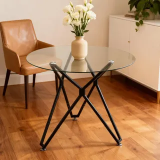 Gecheer Runder Esstisch, 90 cm Rund Küchentisch für 4 Personen, Couchtisch Klein Gehärtetes Glas Metallbeine für Esszimmer Wohnzimmer Büro, Schwarz