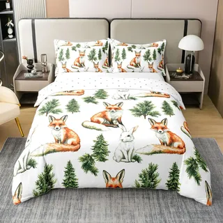 Loussiesd Fuchs Baumwolle Bettwäsche Set 155x220cm für Kinder Jungen Mädchen Cute Cartoon Fuchs Betten Cute Rabbit Bettbezug Set Tier Betten Natur Wildtiere Bettwäsche Sammlung 2Stück