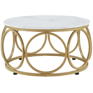 MCombo M Mcombo Beistelltisch Rund Holz, Modern Sofatisch Marmor Weiß Gold, Klein Kaffeetisch Metallgestell, Couchtisch für Wohnzimmer, Durchmesser 80cm,