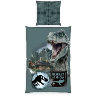 Herding Bettwäsche-Set, Jurassic World, Kopfkissenbezug 80 x 80 cm mit Knöpfen und Wende-Motiv, Bettbezug 135 x 200 cm, Mit Knopfverschluss, 100% Baumwolle/Linon