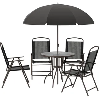Outsunny Gartenmöbel-Set, 6-teilig - Runder Tisch + 4 klappbare Stühle + Sonnenschirm - Epoxidbeschichteter Stahl Kaffee Textilene Polyester Schwarz   Aosom