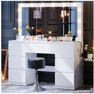 Furnicopia Schminktisch Großer verspiegelter Schminktisch mit sieben Schubladen (Abmessungen: 120 × 40 × 140 cm, 2 Steckdosen, 1 USB-Anschluss, 1 Typ-C-Anschluss. Spiegeldurchmesser: 106 cm. Inklusive Schmuckschrank mit speziellen Fächern für Halsketten, Ringe und Ohrringe-ostern geschenke) Schminktisch mit Barhockern | 120 cm