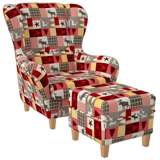 Supellex Ohrensessel Sofia Textil 92 x 68 x 95 cm Mehrfarbig mit Hocker