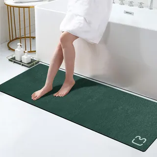 Langer Badteppich, Läufer für Badezimmer, rutschfest, saugfähig, schnell trocknend, dünne Bodenmatte, Gummi-Rückseite, pflegeleicht, 40 x 120 cm, Dunkelgrün