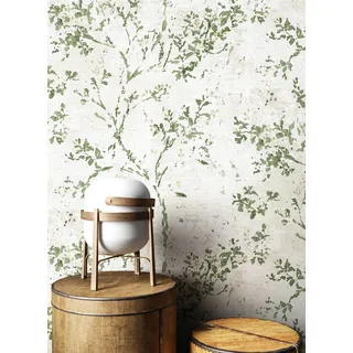 Newroom Vliestapete Grün Blätter Floral Landhaus Mustertapete | Rankenmotiv mit blühenden Zweigen, feine Leinenstruktur, Boho Natur Stil, Wandtapete, Vintagetapete, Tapete, Wohnzimmer