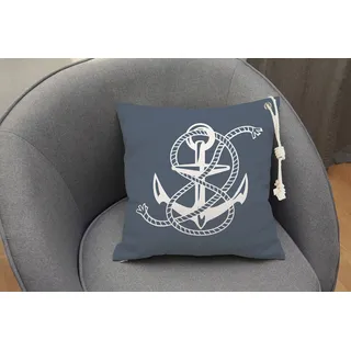 Dekokissen QUEENCE "Maritimer Anker Sylt", blau (dunkelblau, bedruckt gemustert), B:40cm L:40cm, Baumwolle, Polyester, Dekokissen_Sitzkissen_Kissenhüllen, Outdoor-Kissen mit Öse und dicker Stoffkordel