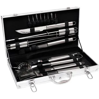 Brillibrum Grillbesteck-Set BBQ Grill Set Grillkoffer Küchenhelfer Edelstahl 18-teilig mit Koffer silberfarben