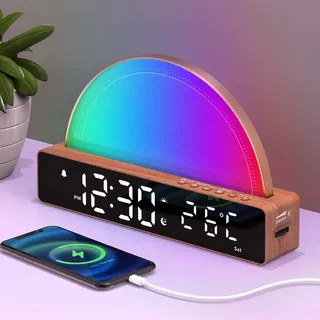 Wecker mit Licht, Wake Up Lichtwecker, White Noise Machine, Nachttischlampe Touch Dimmbar Tischlampe mit 10 Schlafhilfe Geräusche/Snooze/Timer/Temperaturanzeige/USB Ladestation, Geschenke Weihnachten