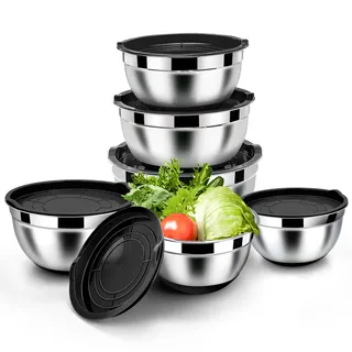 Homikit Rührschüssel Set, 6 Stück Edelstahl Schwarz Schüssel Salatschüssel Set mit Luftdichtem Deckel & Silikonboden, Stapelbar, Spülmaschinenfest, 4.6L/2.8L/2.5L/1.6L/1.2L/0.7L