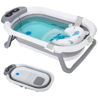 oyajia Babybadewanne Faltbare Badewanne PP&TPE Babywanne Badewannensitz, (mit weichem Schwimmkissen und Thermometer, Rutschfeste Badewanne) grau