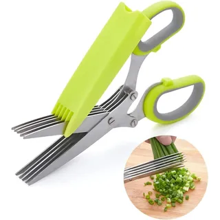 Gewürzschere, Knoblauchschere, 5-klingen-schere, Kräuterschere, Küchenschere, Multifunktionsschere (fünflagige Schere + Messergriff (pp-beutel) Grün Grau)