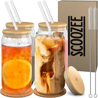 Scoozee Glasbecher mit Deckel und Strohhalmen, 4 Stück, 530 ml, Eiskaffeetasse mit Bambusdeckel und Glasstrohhalm, ästhetisches Eiskaffeegläser, Trinkset für Zuhause, Einweihungsgeschenk