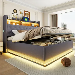 Flieks Polsterbett 180x200cm mit Ladefunktion, Doppelbett Boxspringbett mit Staufach, Jugendbett Holzbettt mit LED und Lattenrost, Leinen, Grau - Grau