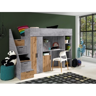 Unique Home Hochbett Kinderbett KON14, mit Schreibtisch, Kleiderschrank und Regale