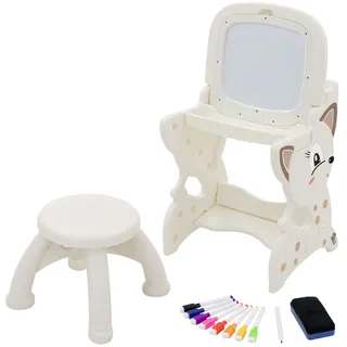 Joyz 3in1 Spieltisch Weiß mit 2 Tafeln & Hocker, LCD-/Magnettafel, Maltisch Kinder Staffelei Aktivitätstisch