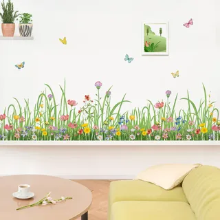 wondever Wandtattoo Grüne Gras Blumen Wandaufkleber Blumenwiese Wildblumen Schmetterlinge Bordüre Wandsticker Wanddeko für Wohnzimmer Schlafzimmer