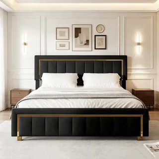 INONEFT Polsterbett 160x200cm, Boxspringbett Doppelbett mit Stauraum, Jugendbett mit Lattenrost, Verstellbares Kopfteil, Samt, Schwarz - Schwarz