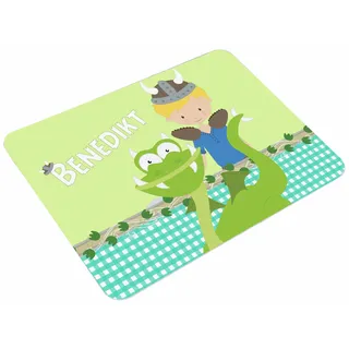 CreaDesign, Frühstücksbrettchen Kinder mit Namen personalisiert, Schneidebrett Kunststoff Motiv Wikinger, Antirutsch-Noppen, Größe 20 x 25 cm