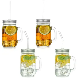 Glasseam 500ml Glas Trinkgläser: Vintage Einmachgläser 4er Mason Jar | Mit Deckel und Strohhalm, Wide Mouth Henkelglas, Wiederverwendbar Aufbewahrung, Für Bubbletea, Coffee, Joghurt, Smoothie
