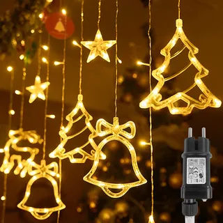 NAIZY Weihnachtsbeleuchtung Lichterkette 138er LED Lichtervorhang Innen - Außen IP44 3m Stromkabel Weihnachtsdeko mit Sterne und Weihnachtsmuster Weihnachtslichterkette mit 8 Modi Stecker, Warmweiß
