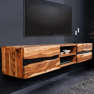 Hängendes TV-Lowboard AMAZONAS 160cm braun Sheesham Massivholz Baumkante Metall