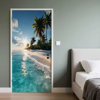 Türtapete Selbstklebend 3D, Türaufkleber Tropischer Strand Palmen Hawaii Sonnenlicht, Selbstklebend TürPoster, für Tür Schlafzimmer Wohnzimmer Deko 86x200cm