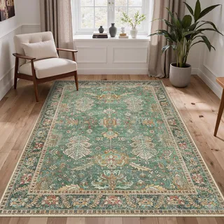 BEIMO Vintage Waschbarer Teppich Wohnzimmer, 120x170cm Moosgrün | Boho Orientalisch, Großer Weicher Kurzflor Carpet mit Rutschfester für Küche und Bettvorleger Schlafzimmer