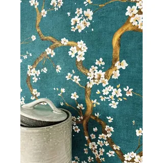 Newroom Vliestapete Ksenja Petrol Tapete Mustertapete Kirschblüten,Blumen,Zweige, Petrol Tapete Floral Kirschblüten - Mustertapete Blumentapete Braun Gold Romantisch 3D Optik Blumen Zweige für Schlafzimmer Wohnzimmer Küche, Blumentapete blau
