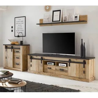 Furn.Design Wohnwand Stove, (Wohnzimmer-Set in Used Wood Shabby, 3-teilig, ca. 310 x 190 cm), mit Schiebetüren und Soft-Close-Schubladen beige