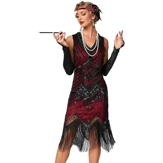 VILOREE Retro 1920er Damen Flapper Kleider voller Pailletten V-Ausschnitt Great Gatsby Motto Party Rot S - S