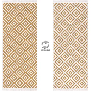 jimri Fashion4Home Teppich Läufer - Tepiche für Wohnzimmer, Schlafzimmer, Küche, Kinderzimmer, Badezimmer - Boho Kelim - Läufer Flur, Trio-Gold-Weiß, Größe: 50x80 cm