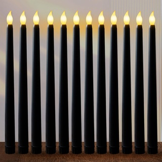 FAEFTY LED Kerzen Schwarz, 12 Stück Flammenlose LED Stabkerzen Tafelkerzen, Batteriebetriebene Kerzen, Elektrische Kerzen Lang für Weihnachten, Erntedankfest, Candlelight Dinner(2.1 x 28 cm)
