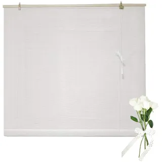 Zhixubah Natürliche Rollo Bambus 80 90 120 150cm Breit Weiß Bambusrollo Rollläden Sichtschutz Rollo für Innen Fenster Bambus Rollo Jalousine Balkon Dekoration Sonnenschutz Vorhang Mit Lifter