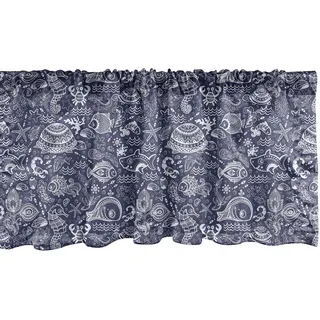 ABAKUHAUS Unter dem Meer Fenster Volant, Muscheln und Pflanzen, Vorhang Volant für Küche Schlafzimmer Dekor mit Stangentasche, 137 cm X 45 cm, Marine-Blau-Weiß