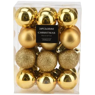 Annastore Weihnachtsbaumkugel 24 x Mini Baumkugeln Ø 3 cm zum Hängen - Bruchsicher aus Kunststoff, Kleine Christbaumkugeln aus Kunststoff goldfarben