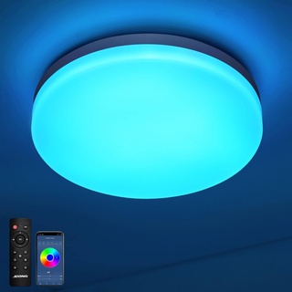 JDONG Bluetooth Deckenlampe mit Zwei lautsprecher IP44 Wasserdicht Badzimmerlampe Deck Led Deckenleuchte mit APP-Steuerung und Fernbedienung, dimmbar 24W, 3000-6500 Kelvin, Farbwechsel