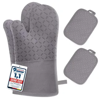 Ofenhandschuhe Hitzebestaendig bis 300°C Topflappen Handschuh Set, Grau | Rutschschutz Topfhandschuhe, Erweitert, Weich Backhandschuhe Kochhandschuhe Oven Gloves Küchenhandschuhe Backofenhandschuhe