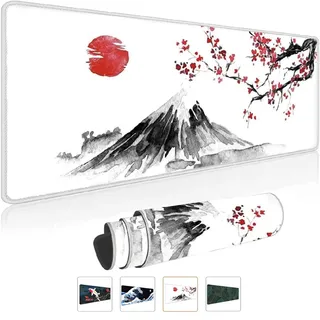 Owege Gaming Mauspad Weiß XXL 800 x 300 mm Japan Tuschemalerei Berg Sakura Sonne Berg Fuji Mousepad Groß Vernähte Kanten Wasserdicht Anti-Rutsch für PC, MacBook,Laptop, Polyester