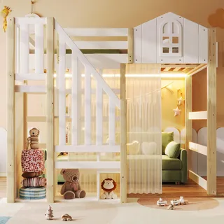 Merax Hochbett Kinder 140×200cm mit LED-Licht, Fensterdesign, Stauraum & Vorhang | Massivholz Weiß+Natur