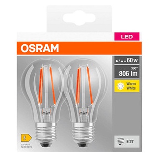 2 OSRAM LED-Lampen Base CLASSIC A60 Multipack E27 6,5 W klar