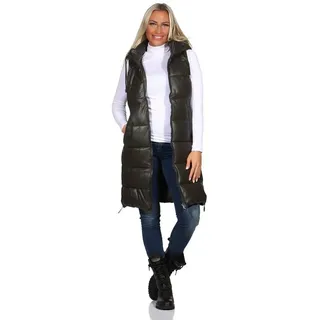 Aurela Damenmode Longweste Kunstlederweste Damen warme Longweste ärmellose Damen Weste modische Lederoptik, mit Kapuze grün 34