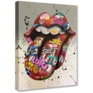 Banksy Street Art Graffiti Zunge Bilder Lippen Gemälde Lustiges Kunstwerk für Wohnzimmer Geschenk 1 Stück Leinwand Wandkunst Nordische Wohnkultur gerahmt fertig zum Aufhängen Poster und Drucke