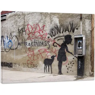 Banksy Kunstdruck - Mädchen Telefonzelle 60x80cm - Bilder Leinwanddrucke/Wandbilder Street Art Graffiti Kunstdruck 2cm (div.Größen) - Leinwandbild Wandbild/fertig aufgespannt/fertig zum aufhängen