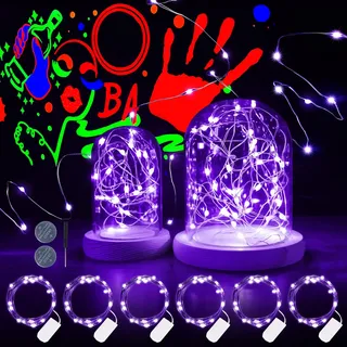 Halloween 6 Stück UV Schwarzlicht Batterie Lichterkette Innen, 2M 20LED UV Lichterkette Lila Kupferdraht für Halloween Weihnachten Malen Sie Einmachglas DIY Papierlaternen Bastel Kürbis kinderzimmer