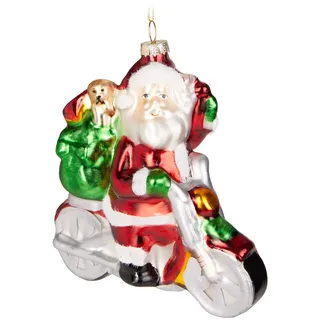 BRUBAKER Weihnachtsmann auf Motorrad Rot Grün - Handbemalte Weihnachtskugel aus Glas - Mundgeblasener Christbaumschmuck Figuren Lustig Deko Anhänger Baumkugel - 11,2 cm