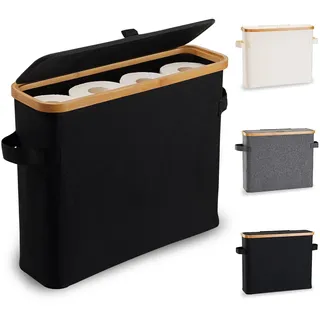 Toilettenpapier Aufbewahrung Korb mit Deckel aus Bambus, Toilettenpapier Stehend Klopapier Aufbewahrung Box Bad WC-Papier Badezimmer Organizer, Ersatzrollenhalter Behälter Aufbewahrungsbox, Schwarz