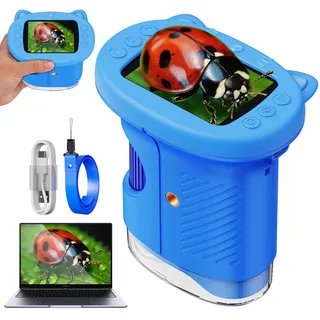ASPOVEN Tragbares Mikroskop für Kinder, 1000x Digitales Handmikroskop Kinder mit 2,4 Zoll IPS Bildschirm, Fotofunktion und PC-kompatibel, Kindermikroskop für Garten, Wald und Outdoor (Blau)