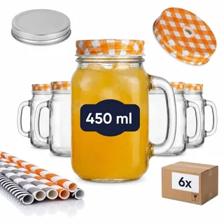 gouveo 6er Set Trinkglas 450 ml (0,45 l) mit Henkel und Schraubdeckel silberfarben + orange – Henkelglas mit Mehrweg-Trinkhalm aus Hartkunststoff für Garten, Bowle, Cocktails (TGH450SO)